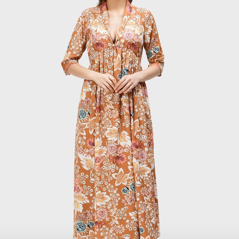 Easy, floaty cinnamon floral silky crepe midi (ish) dress